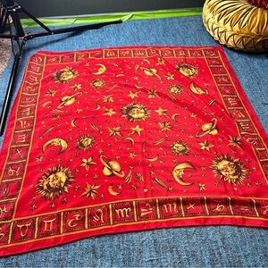 Vintage Astrology Zodiac Sun Moon Stars Printed Scarf in Red Gold 34" x 35"